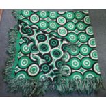 Large mid Century green, black and cream tapestry fringed edged woollen bedspread. (B.P. 21% + VAT)