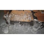 Two boxes of cut glass items to include: vases, jugs, whisky tumblers, sherry glasses etc.,