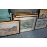 Group of assorted furnishing pictures to include; watercolours various, oil painting of a hunter