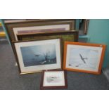 A group of assorted prints to include; aviation, country scenes and an oil on canvas of a woodland