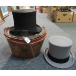 Leather covered hat box with velvet interior (lid in distressed condition), together with two gent's
