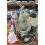 Tray of porcelain figurines of ladies, together with a porcelain figurine of a peacock and Art