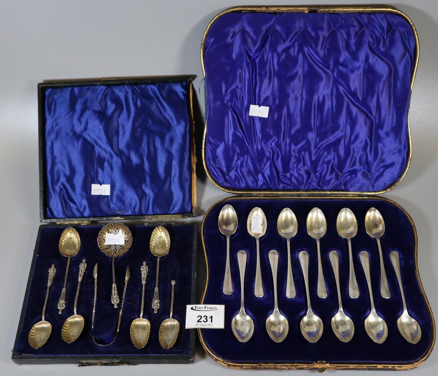 Set of six gilded shell design silver teaspoons with figural terminals and matching sugar nips and