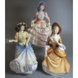 Three Royal Doulton bone china figurines to include; 'Emily' HN3688, 'Hannah' HN3369 and 'Sandra'