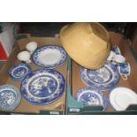 Two boxes of china to include: a selection of Old Willow 'genuine hand engraving' ironstone