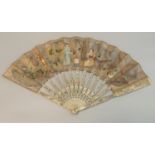 Chinese painted paper fan depicting figures with birds in an interior, the reverse with garden