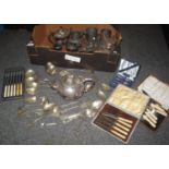 Box containing various metalware and cutlery, including bag of assorted cutlery, four boxed sets