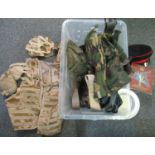 Crate of assorted military uniform items and accessories to include; camouflage items, aluminium