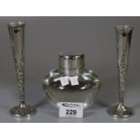 Pair of small silver trumpet specimen vases with loaded bases, London hallmarks. Together with a