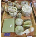 Tray of onyx items to include; small pestle and mortar, cigarette box, lidded jars, table lighter,