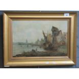 Continental School (possibly Dutch), harbour side scene with figures and buildings, oils on