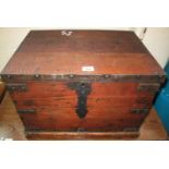 Vintage oak metal banded trunk or box of small proportions with metal loop carrying handles. (B.P.