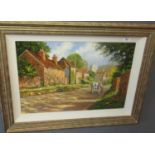 R Telford, English country village scene with horse drawn milk float and distant church, signed,