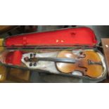 Imitation copy one piece back violin labelled Stradivarius, with two bows. Back 36cm long approx. (
