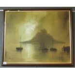 John Bampfield, moonlit scene with moored boats, probably St Michaels Mount, signed, oils on canvas,