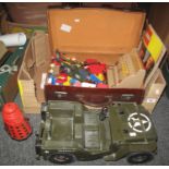 Box of vintage toys to include; military jeep and helicopter, Dr Who Dalek, various lego, Casdon