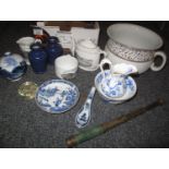 Box of assorted items to include: small three drawer brass telescope, pretty little blue and white