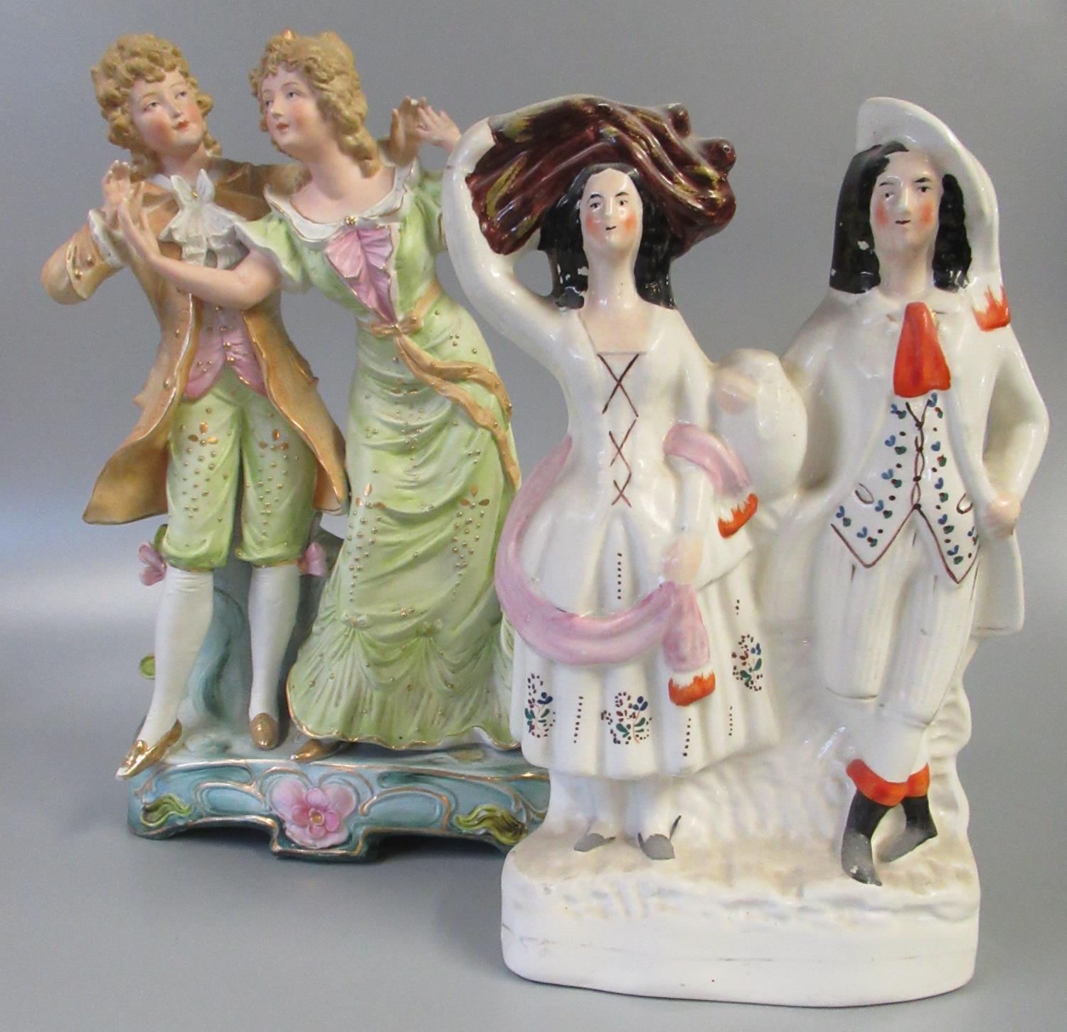 Late Staffordshire pottery flat backed figure group, together with a 20th Century continental