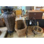 Collection of wicker and metal mounted items to include; floor vase, wine rack, single handled
