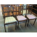 Pair of Edwardian mahogany inlaid upholstered dining chairs on square tapering legs and spade