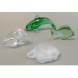 Four French glass paperweights to include; Lalique fish and tortoise, together with a Daum green