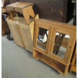 Three items of pine to include; two door mirrored bathroom cabinet, rustic stool with hand hole