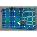 Vintage Welsh tapestry blue ground woollen blanket with fringed edges and a 'Derw product, pure