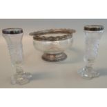 Glass baluster pedestal bowl with silver rim and base, Chester hallmarks. 18cm diameter, 10cm high