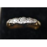 18ct gold five stone diamond ring. Ring size N. Approx weight 2.5 grams. (Setting split). (B.P.