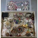 Box of costume jewellery to include; Scottish brooches, animal brooches, bracelets, necklaces,