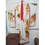 Vintage Japanese weighted wedding kimono with gold embroidered and printed crane, marigold and fan