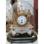 French gilt spelter and alabaster figural single train mantel clock on a wooden base with glass dome