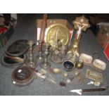 Two boxes containing a cruxifix, two cruet sets, some pewter candlesticks, fish knives, wooden