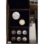 Box of assorted coins and ephemera to include; US Buffalo nickels collector panels, commemorative