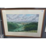 Richard A Harrison, Welsh landscape with distant sea, watercolours, 36 x 58cm approx, framed and