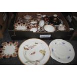 A box of assorted china to include: an embossed blue and white Adderley's plate, a large soup