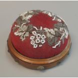 Victorian walnut metal mounted miniature beadwork footstool or pin cushion now for wall hanging. (