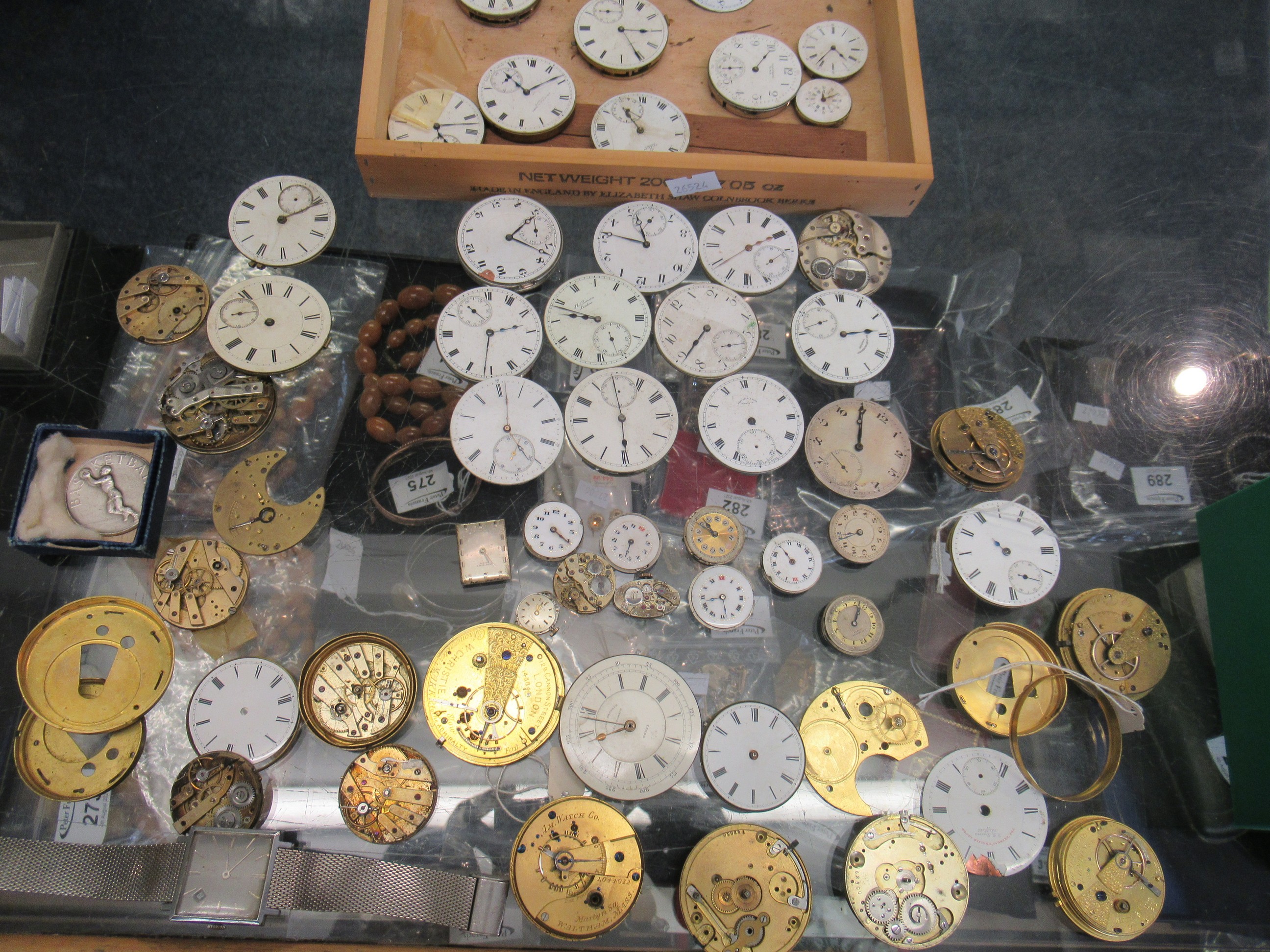 Display box containing mainly antique and other watch parts to include; pocket watch faces and - Image 5 of 5