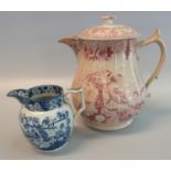 Small 19th Century Staffordshire pottery baluster shaped jug with squared loop handle, decorated