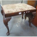 Early 20th Century mahogany upholstered stool on moulded shell cabriole legs and paw feet. (B.P. 21%