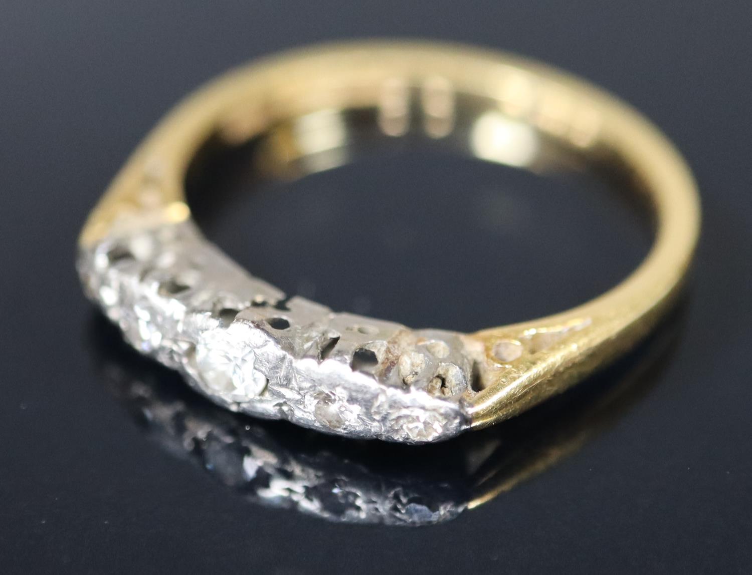 18ct gold five stone diamond ring. Ring size N. Approx weight 2.5 grams. (Setting split). (B.P. - Image 3 of 3