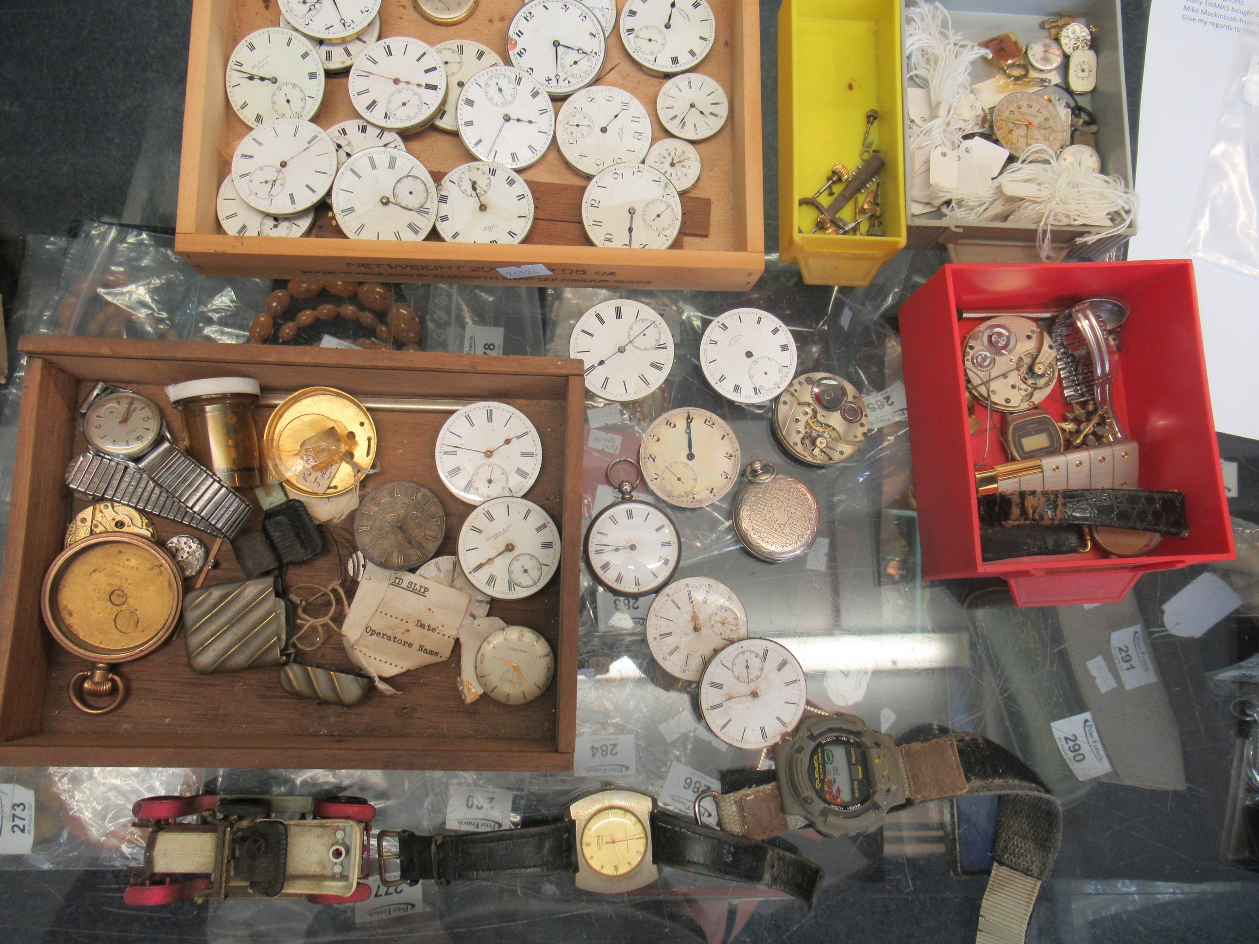 Display box containing mainly antique and other watch parts to include; pocket watch faces and - Image 4 of 5