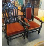 Two similar 19th Century stained oak carolean design armchairs one with padded upholstery, one