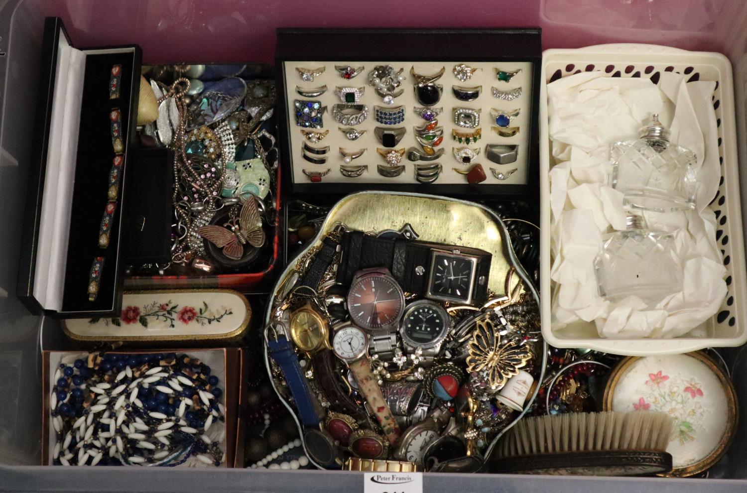 Plastic box containing silver hallmarked and glass salt and pepper set, various watches, quality