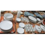Five trays of Thomas Germany white porcelain coffee and dinnerware items with a silver rim to