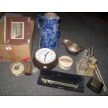Box of miscellaneous items to include: a Smith's vintage wall clock, a cased drawing or