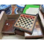 Burr walnut two section cigarette box, together with Staunton type chess pieces in fitted box,