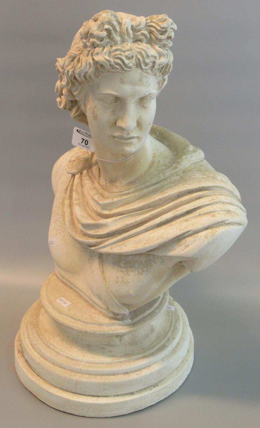 Modern cast composition bust in Grecian style probably of Apollo on circular stepped base. 54cm