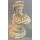 Modern cast composition bust in Grecian style probably of Apollo on circular stepped base. 54cm