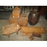 Collection of items to include; pine candle box with candles, rustic stool, hardwood pierced and